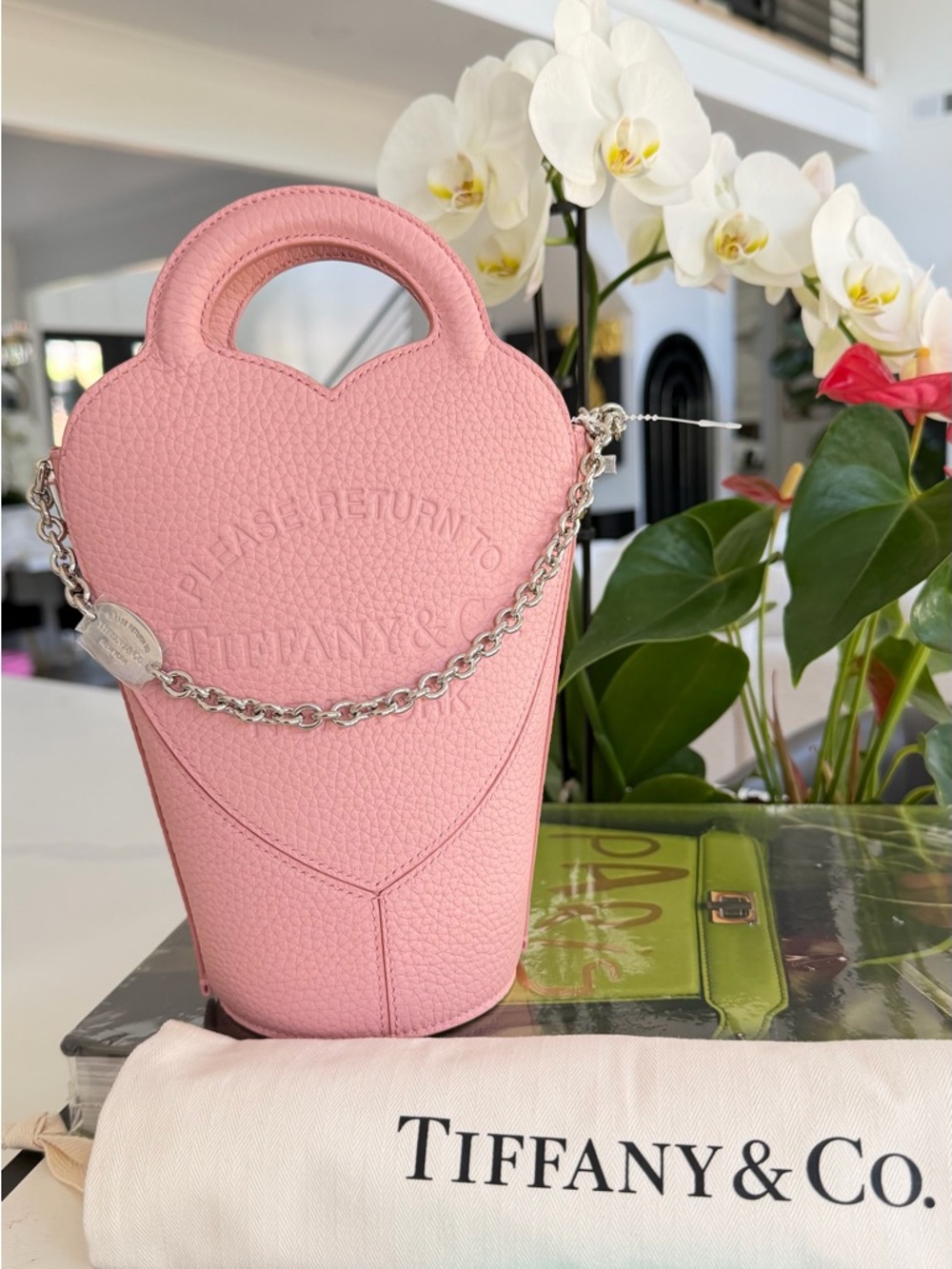 Tiffany & Co. Pink Pebbled Leather Heart Mini Bag with Silver Chain